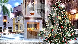 Tallinn Christmas tree decoration red ball and gold confetti snowy wooden lantern candle light on roof medieval buildings stre