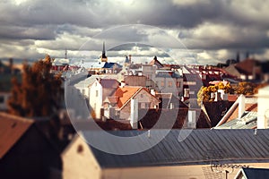 Tallinn city street in autumn tilt-shift