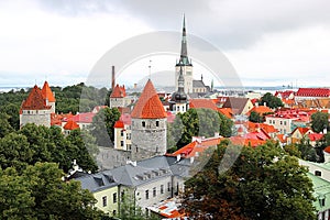 Tallinn city wall and St. Olaf Church view, Estonia