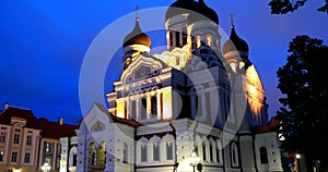 Tallinn, Estonia. Alexander Nevsky Cathedral. Famous Orthodox Cathedral in Nighttime. Popular Landmark And Destination