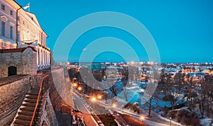 Tallinn, Estonia. Building Of Government Of Republic Of Estonia, Old Stone Staircase And Cityscape At Winter Evening