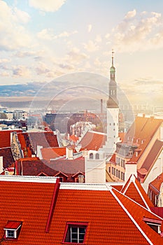 Tallinn. Estonia. City panorama with blue sky and clouds. Church Of The Holy Spirit, Lutheran Church and historical center