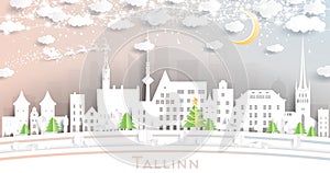 Tallinn Estonia City Skyline in Paper Cut Style with Snowflakes, Moon and Neon Garland