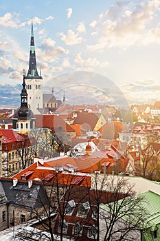 Tallinn, Estonia. Cityscape skyline with historic buildings, red tile and st Olaf church