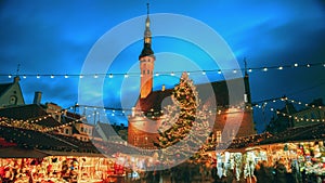 Tallinn, Estonia. Colourful Night Starry Sky In Bright Blue Colors Timelapse Time-lapse Of Traditional Christmas Market