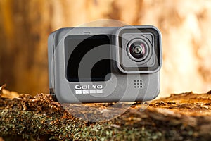 Tallinn, Estonia - December 11, 2020: GoPro HERO 9 Black action camera outdoors in forest