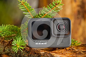 Tallinn, Estonia - December 11, 2020: GoPro HERO 9 Black action camera outdoors in forest