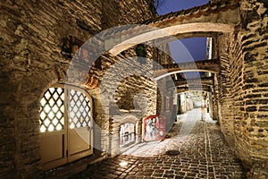 Tallinn, Estonia, Europe. St. Catherine`s Passage At Winter Evening