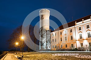 Tallinn, Estonia. Evening Night View Of Upper Town Castle Corner