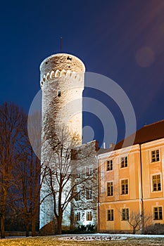 Tallinn, Estonia. Evening Night View Of Upper Town Castle Corner