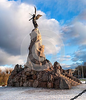 Tallinn, Estonia - January 4, 2020: Monument dedicated to the death of the Russian ship -Mermaid-. An angel with a cross