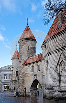 Tallinn, Estonia - July 26, 2014: Famous Viru Gate - Part Old Town Architecture Estonian Capital. Viru Gates Were Built