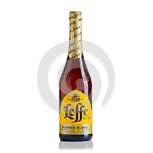 Tallinn, Estonia - March, 2022: Bottle of belgian Leffe blond beer isolated on a white background