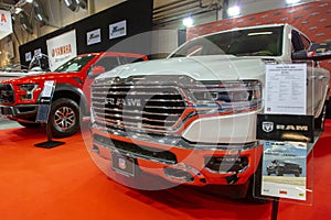 TALLINN, Estonia - MARCH 01-03, 2019: white Dodge RAM 1500 LONGHORN CREW CAB at an exhibition Tallinn Boat Show ÃÂ«MeremessÃÂ» in