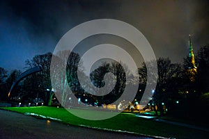 Tallinn, Estonia: Monument to the victims of the wrecked ferry Estonia. Church of St. Olaf. Night landscape