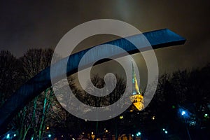 Tallinn, Estonia: Monument to the victims of the wrecked ferry Estonia. Church of St. Olaf. Night landscape