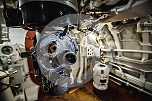 TALLINN, ESTONIA - November 02, 2019: Old russian periscope inside submarine named Lembit, built in 1936. It is located in