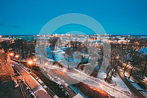 Tallinn, Estonia. Old Stone Staircase And Cityscape At Winter Evening