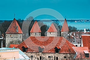 Tallinn, Estonia. Part Of Tallinn City Wall. Nun`s Tower Nunnatorn, Sauna Tower Saunatorn, Golden Leg Tower Kuldjala photo