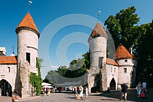 Tallinn, Estonia. People Walking Near Famous Landmark Viru Gate