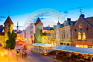 Tallinn, Estonia. People Walking Near Famous Landmark Viru Gate