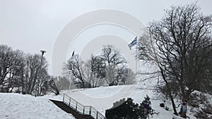 Tallinn, Estonia, A person riding skis down a snow covered slope