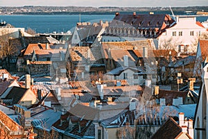 Tallinn, Estonia. Top View Of Old Tiles Roofs Of Residential Houses In Estonian Capital In Winter Sunny Day