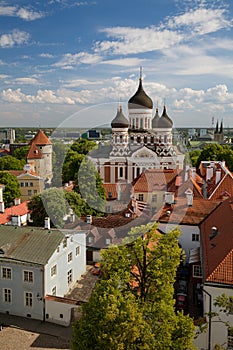 TALLINN, ESTONIA - View from the Bell tower of Dome Church / St. Mary`s Cathedral, Toompea hill at The Old Town and Russian Orthod