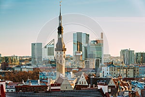 Tallinn, Estonia. View Of Tower Of Tallinn Town Hall On Background