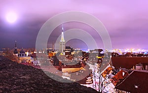 Tallinn old town city light blurring old house medieval red roof tower travel to europe