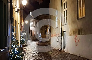 Tallinn old town night streets Christmas decoration  panorama winter evening  medieval city Christmas holiday in Estonia