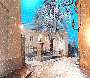 Tallinn old town panorama  snowy  medieval city roof house and town hall tower i