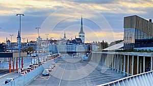 Tallinn old town panorama view from Baltic Port New promenade Capital city Estonia car traffic  dundet sky and cafedral ruffles