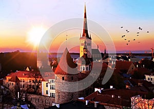 Tallinn old town  at sunset  red roofs medieval panorama   skyline  clouds blue sky sun down summer  weather Baltic sea on horiz