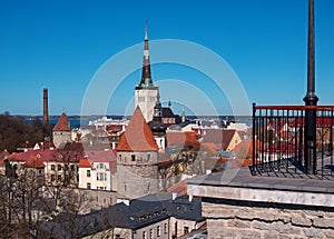 Tallinn Old Town on Toompea Hill, Estonia, panoramic view with traditional red tile roofs, medieval churches and walls