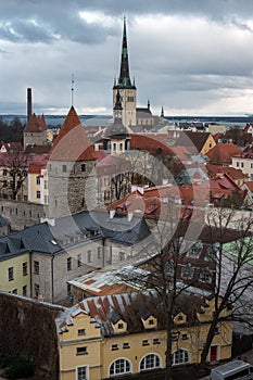 Tallinn Old Town on Toompea Hill, Estonia, panoramic view with traditional red tile roofs, medieval churches and walls