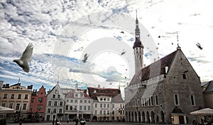 Tallinn old town view in Town Hall Square Raekoja Plats.