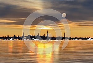 Tallinn panorama moon on pink sky on horizon Old town ,Sea gold sunset sunlight night sky moon light skyline evening light ref