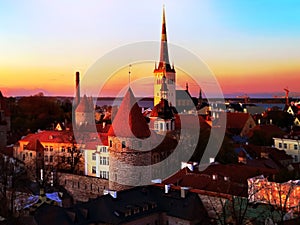 Tallinn panorama Sunset in City  skyline beautiful horizon life City landscape Tallinn Old Town, Estonia  Panoramic view from the