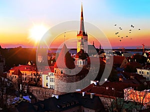 Tallinn panorama Sunset in City  skyline beautiful horizon life City landscape Tallinn Old Town, Estonia  Panoramic view from the