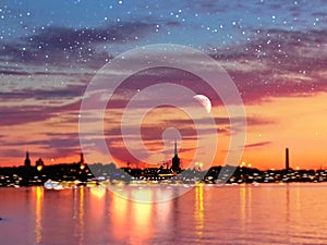 Tallinn panorama on sunset at starry night above sea ,Beautiful romantic starry night and full moon on blue sky at sea , and