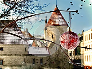 Tallinn.Winter  in old town city park ,medieval tower roof ,red Christmas tree ball and illumination decoration ,tourist making ph