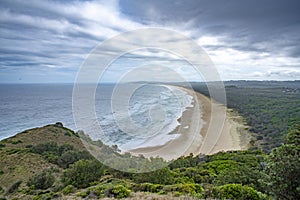 Tallow Beach and Arakwal National Park view from Cape Byron Lighthouse During Dramatic Weather, Byron Bay, NSW Australia.