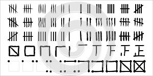 Tally marks of various styles, a set of prison wall day marks