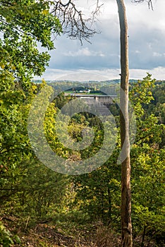 Talsperre Pohl dam from viewpoint above Jocketa village in Vogtland region in Germany