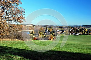 Talsperre Pohl water reservoir with Altensalz village and autumn landscape around in Germany