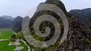 Tam Coc Bich Dong aerial view rice field on Ngo Dong, Ninh Binh, Viet Nam