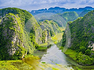 Tam Coc with karst formations and rice paddy fields, Ninh Binh province, Vietnam