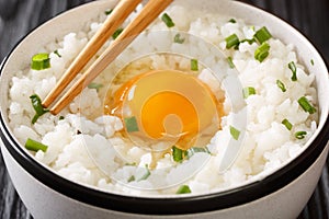 Tamago Kake Gohan Recipe Egg Over Rice close up in the bowl. Horizontal