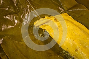 Tamal Typical Colombian Food Wrapped in Banana Leaves